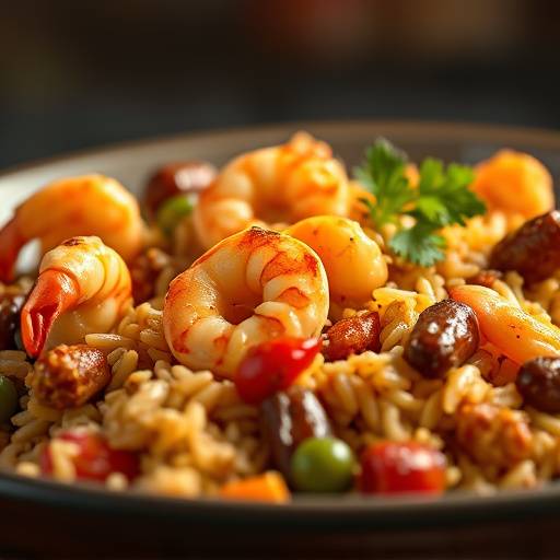A close-up of Jambalaya, showcasing the rice, sausage, shrimp, and vegetables.