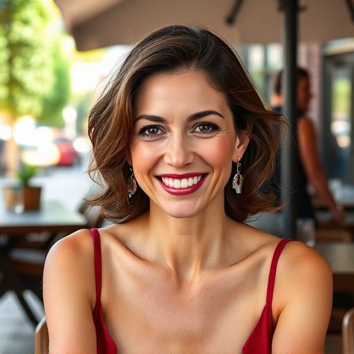Portrait of Isabelle Dubois, smiling elegantly in front of the restaurant.