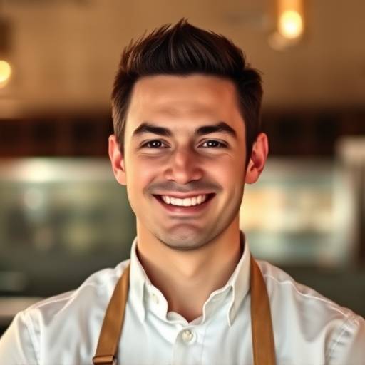 Portrait of Jean-Pierre Leroux, smiling confidently in a server's uniform.